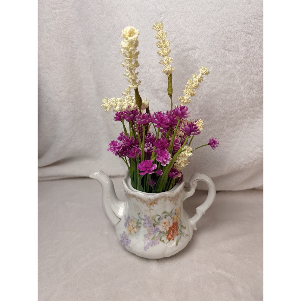 Vintage 70s Shabby Chic Porcelain Teapot Repurposed Vase with Faux Flowers